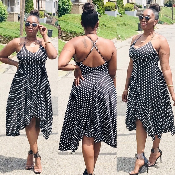 INA SKINNY STRAP BLACK WHITE POLKA DOT MIDI DRESS - Picture 2 of 4